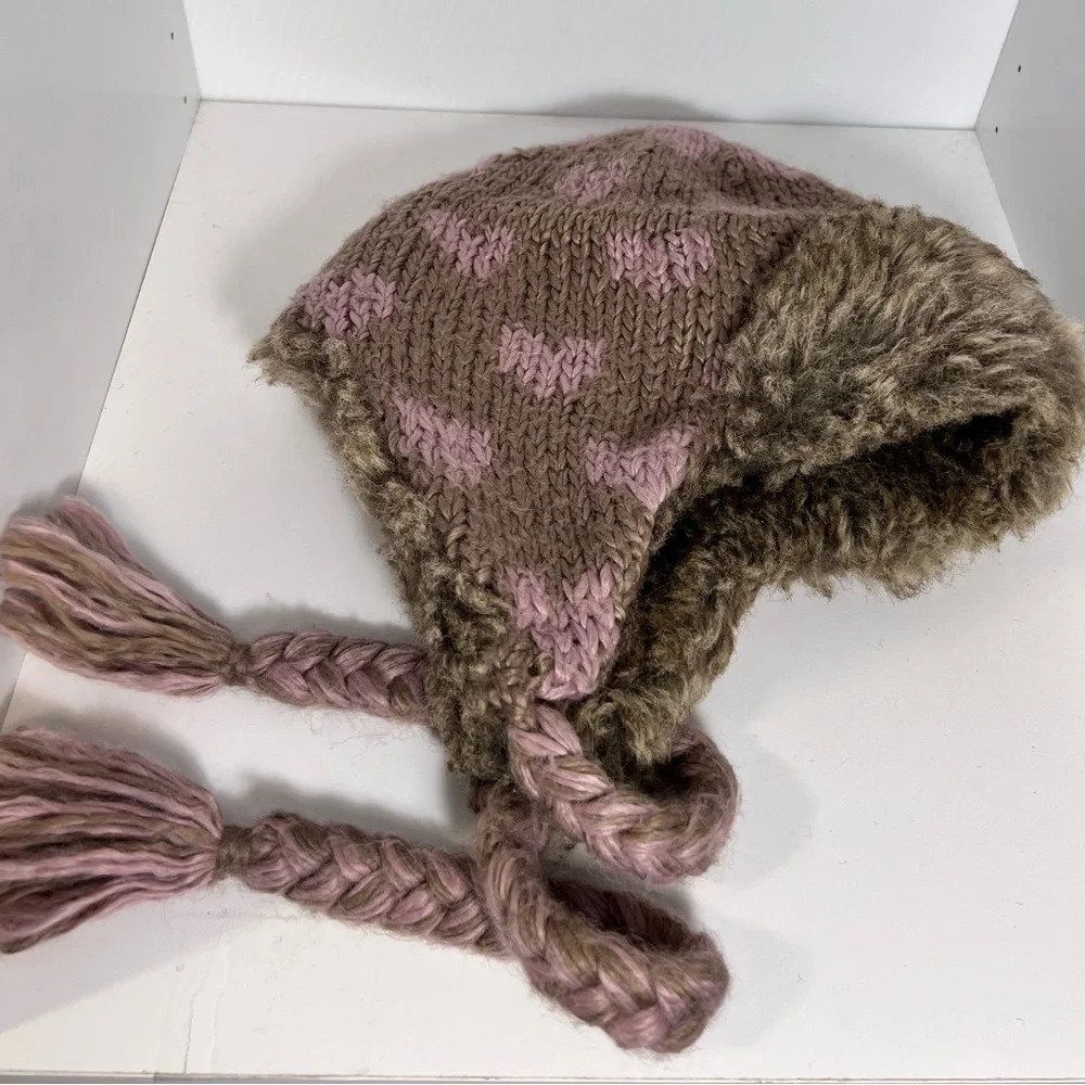 American rag, woven tan and pink faux fur flap style, braided strap winter hat